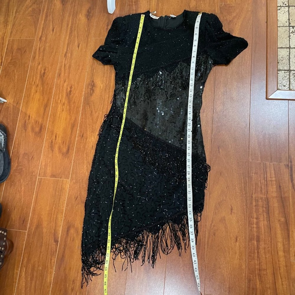 Vintage SCALA 80s Silk Gatsby Cocktail Asymmetric Sequins Beaded Dress Black M - Picture 8 of 12